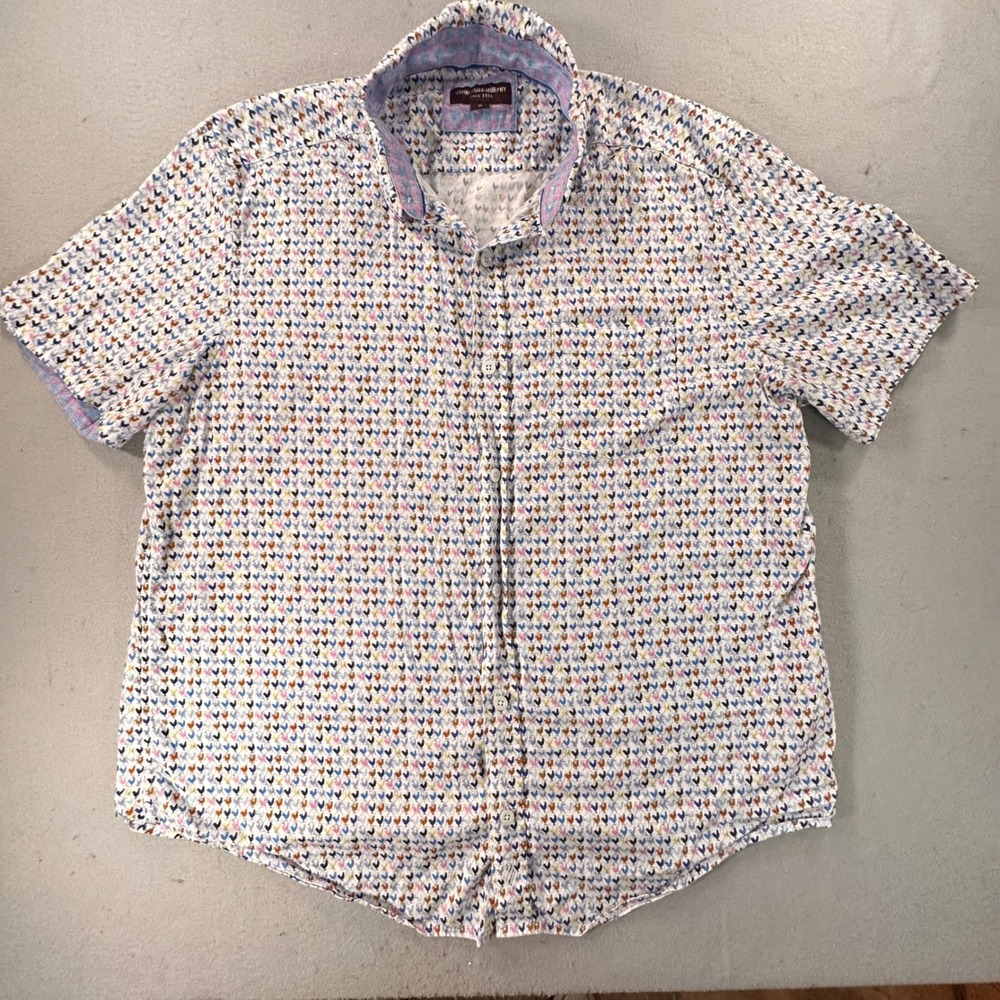 Johnston & Murphy Mens XL Rooster Print Short Sleeve Button Down Shirt Multi